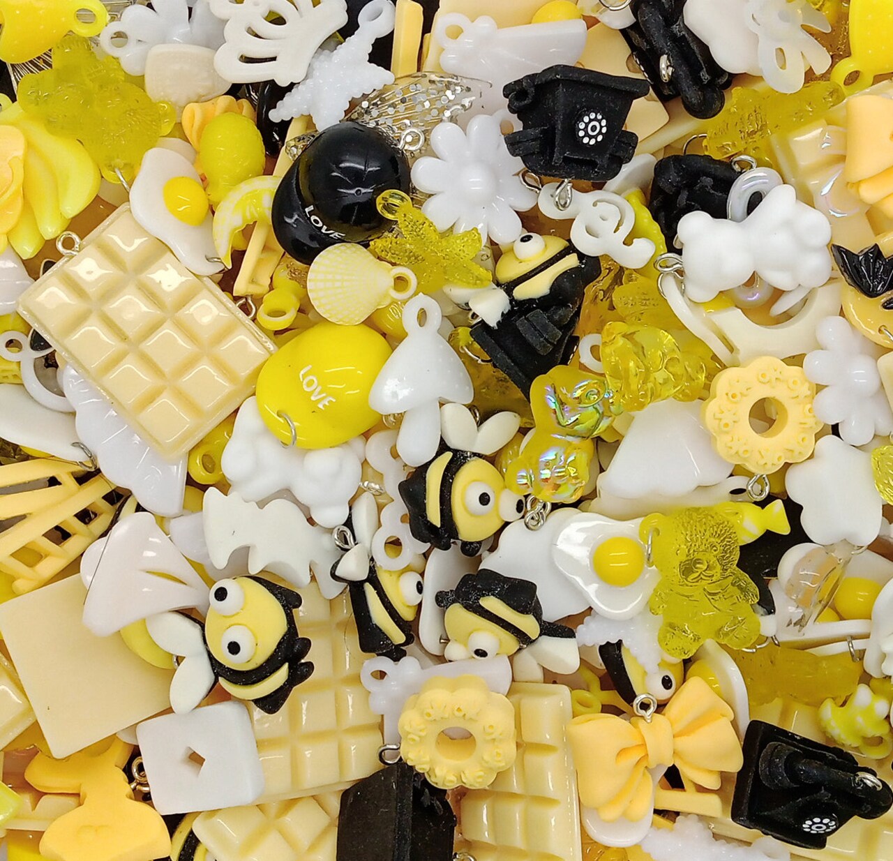 Cute Charm Mix in Yellow Black & White, 30 pieces, Kawaii Resin and Acrylic Mix, Adorabilities